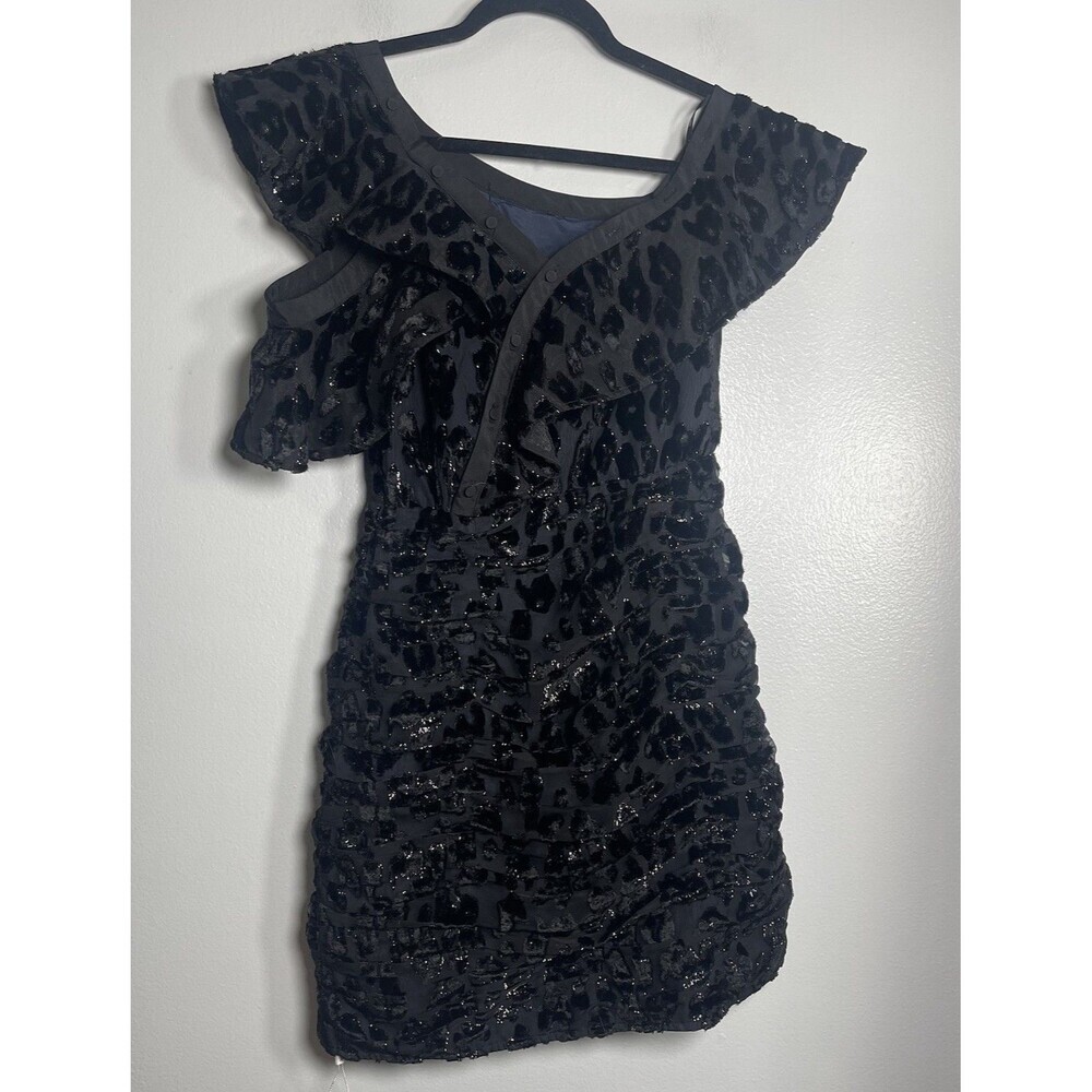 SELF PORTRAIT Metallic Leopard Frill Mini Dress Size 2 Black NEW Slim Fit Party - Picture 2 of 13